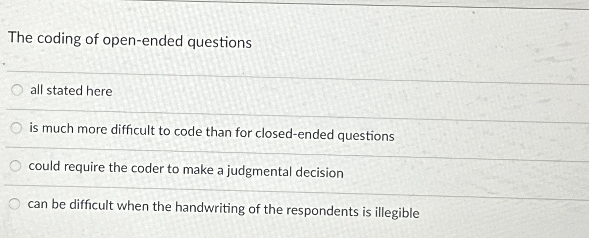 Solved The coding of open ended questionsall stated hereis Chegg