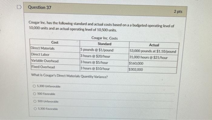 Solved D Question 36 2 pts Cougar Inc. has the following | Chegg.com