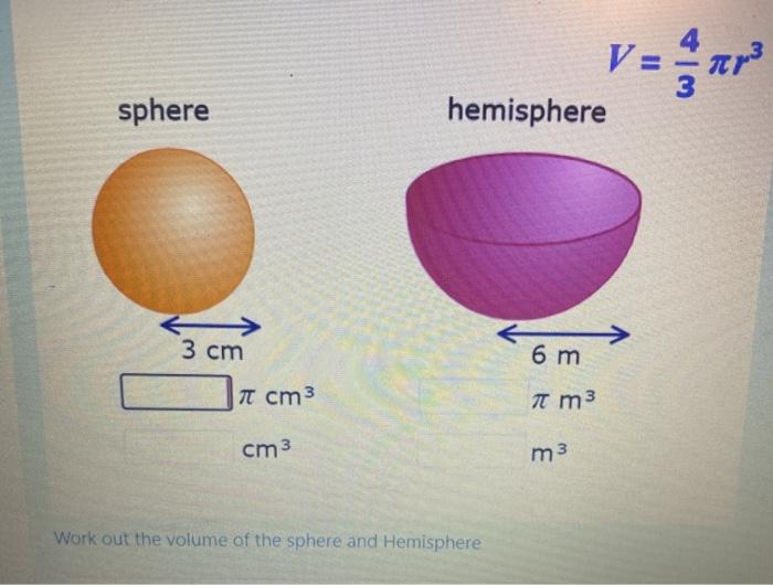 Solved V 3 Hemisphere Sphere 3 Cm 6 M 7 Cm3 M3 Cm3 M3 Work Chegg Com