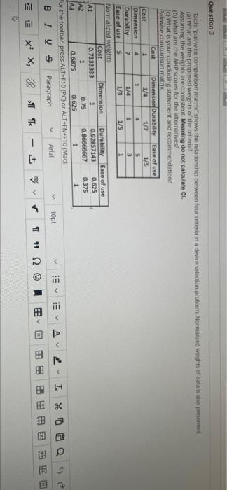Question 3 Table pairwise comparison matrix shows the | Chegg.com