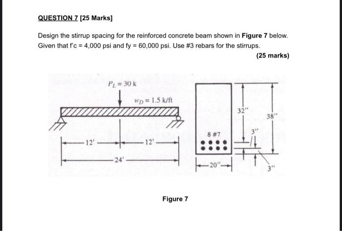 Design the stirrup spacing for the reinforced concrete beam shown in Figure 7 below. Given that \( f^{\prime} \mathrm{C}=4,00