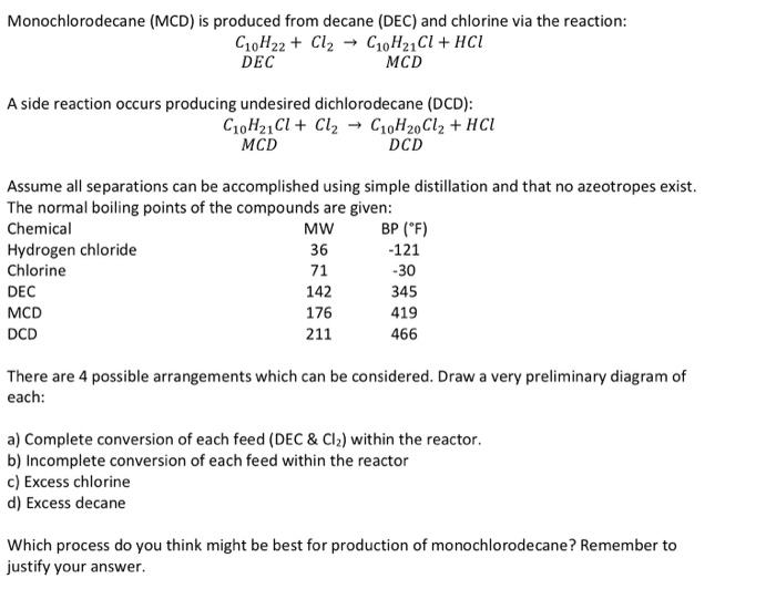 Solved Monochlorodecane (MCD) is produced from decane (DEC) | Chegg.com
