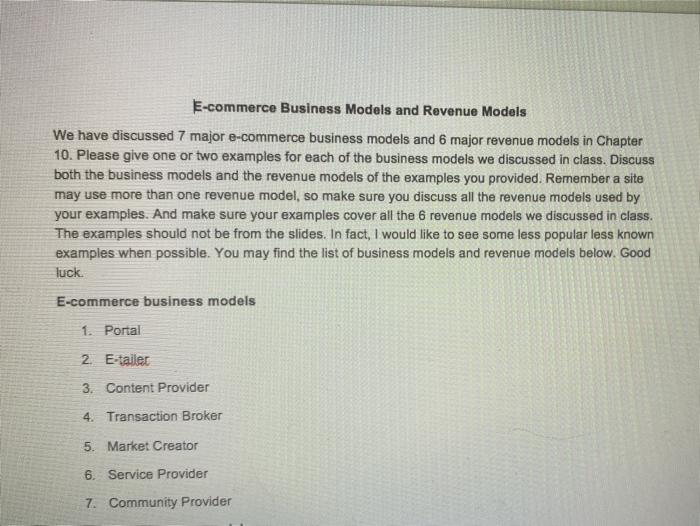 Solved E-commerce Business Models And Revenue Models We Have | Chegg.com