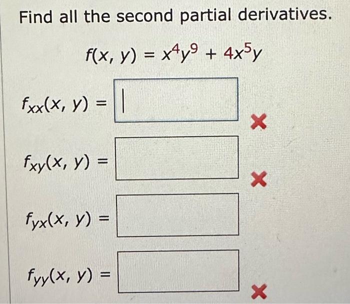 Find all the second partial derivatives. \[ f(x, y)=x^{4} y^{9}+4 x^{5} y \]