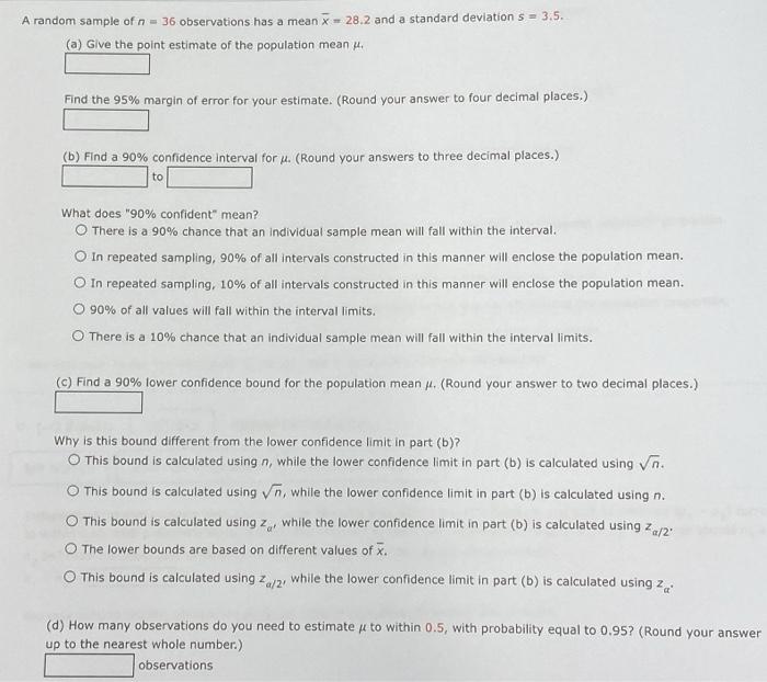 Indom sample of n=36 observations has a mean xˉ=28.2 | Chegg.com