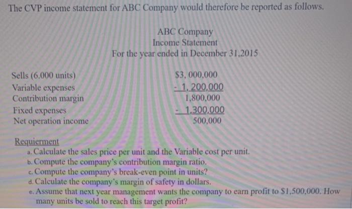 Solved The CVP income statement for ABC Company would | Chegg.com