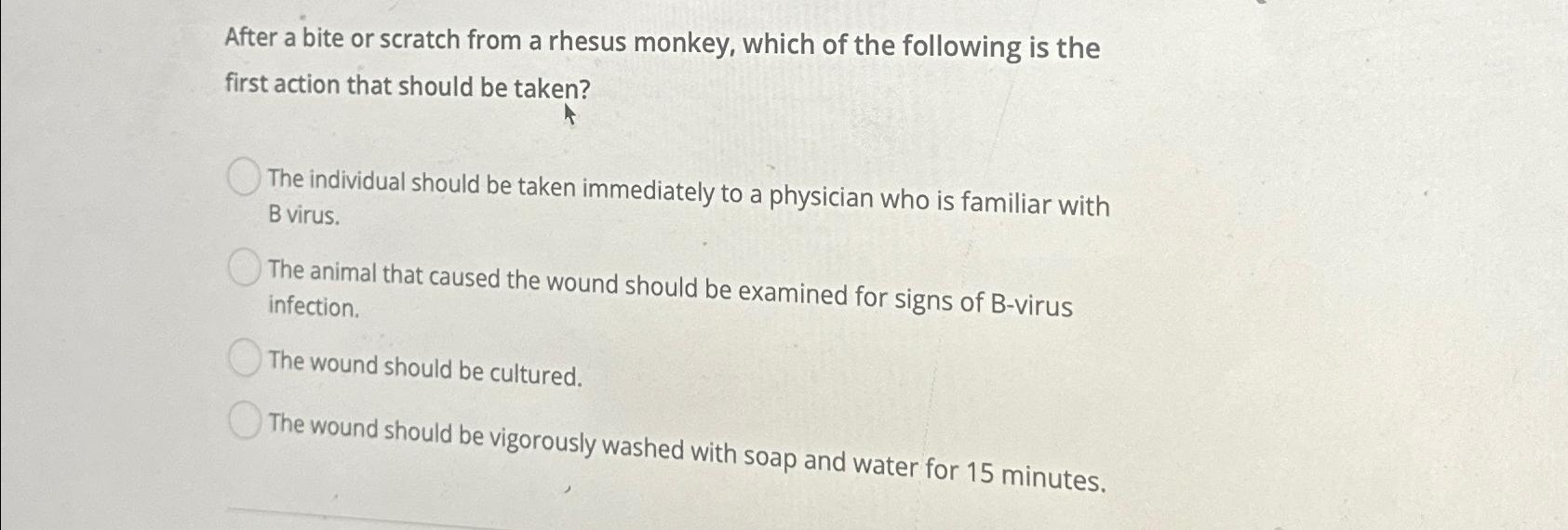 Solved After a bite or scratch from a rhesus monkey, which | Chegg.com