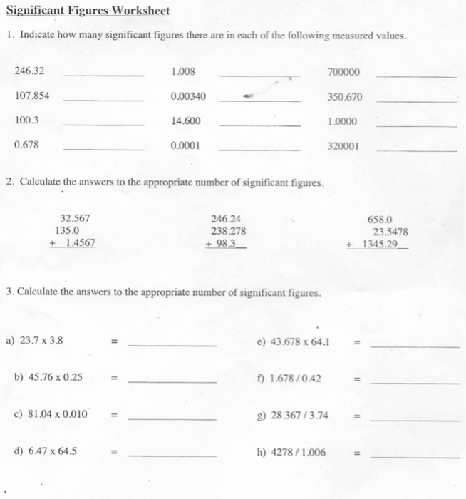 Calculations Using Significant Figures Worksheet