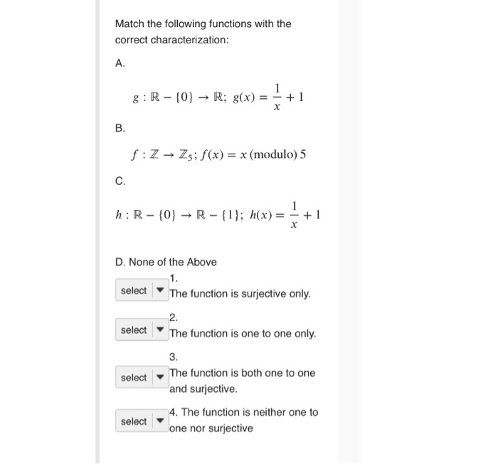 Solved Match the following functions with the correct | Chegg.com