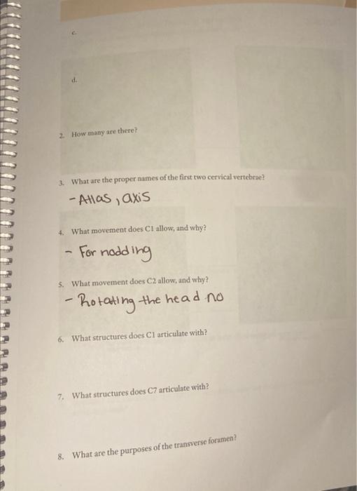 2. How many are there?
3. Wbat are the proper names of the first two cervical vertebrae?
- Atlas, axis
4. What movement does