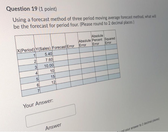 Solved Answer Question 4 (1 point) Using a forecast method | Chegg.com