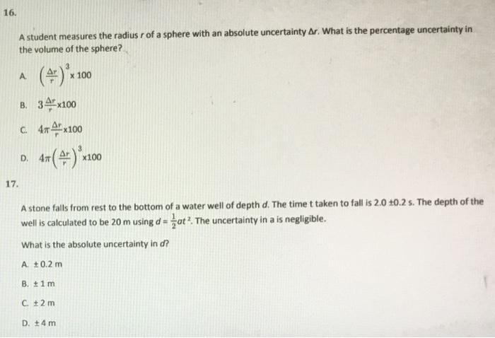 16 A A Student Measures The Radius R Of A Sphere Chegg Com