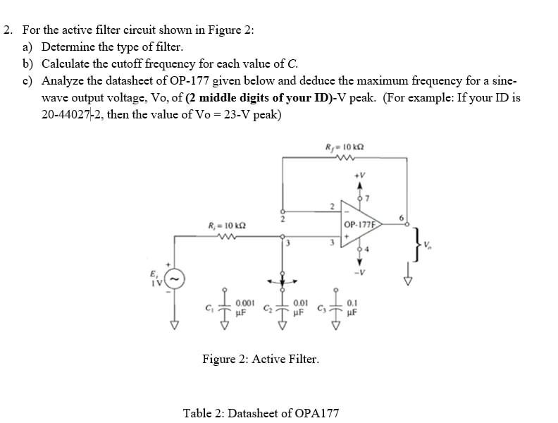 Solved 2. For The Active Filter Circuit Shown In Figure 2: | Chegg.com