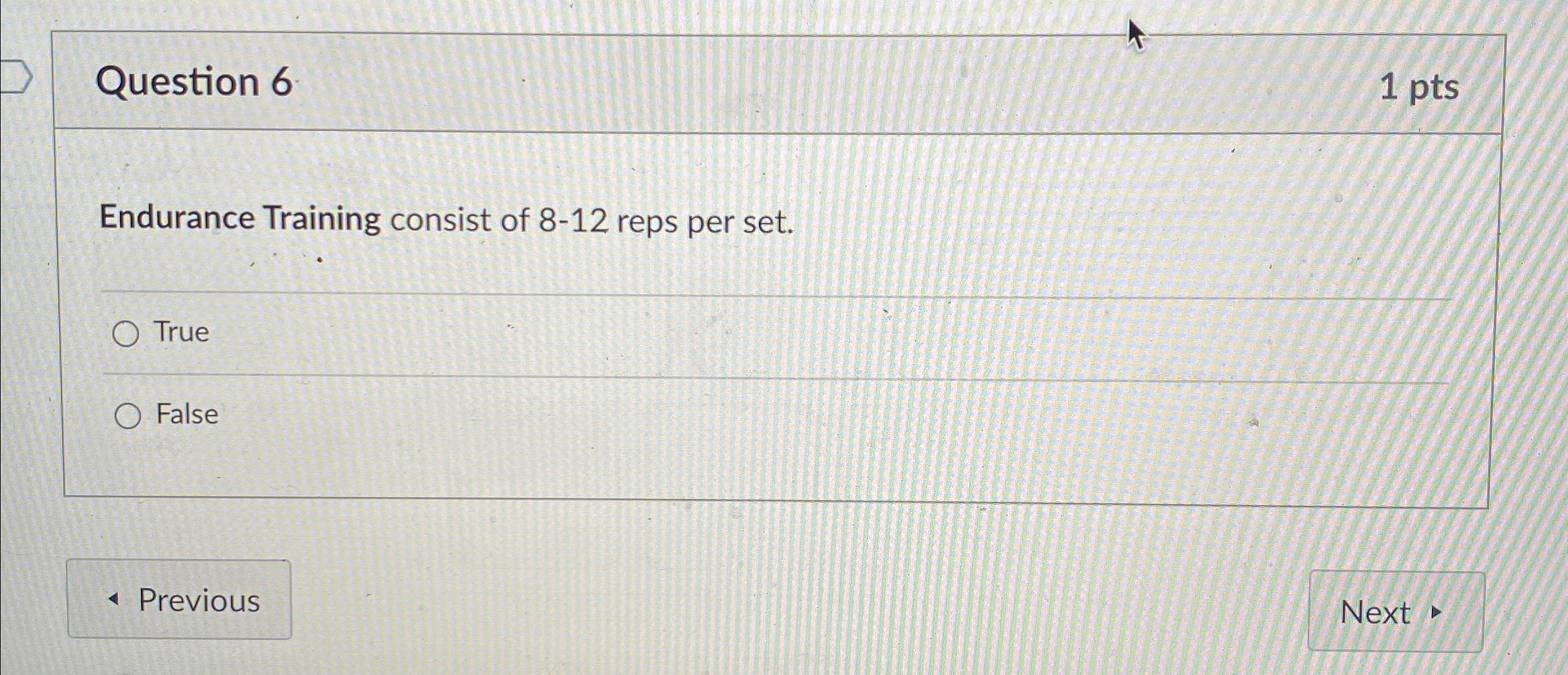 Solved Question 61ptsEndurance Training consist of 8-12 | Chegg.com