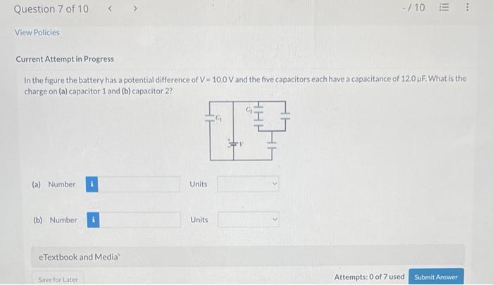 In the figure the battery has a potential difference of \( \mathrm{V}=10.0 \mathrm{~V} \) and the five capacitors each have a