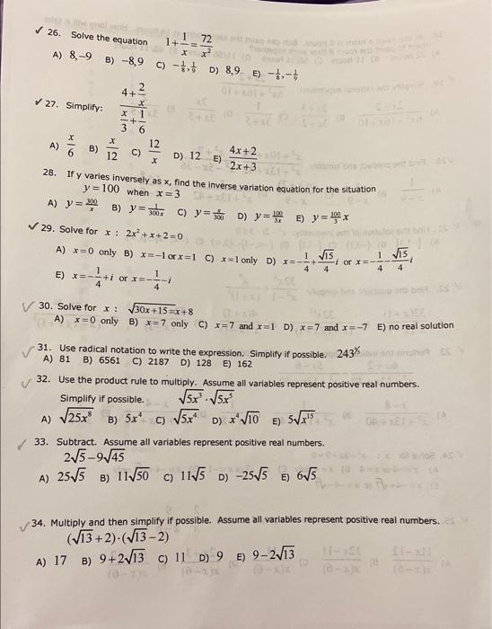 Solved 26. Solve the equation 1+x1=x272 A) 8,−9 B) −8,9 C) | Chegg.com