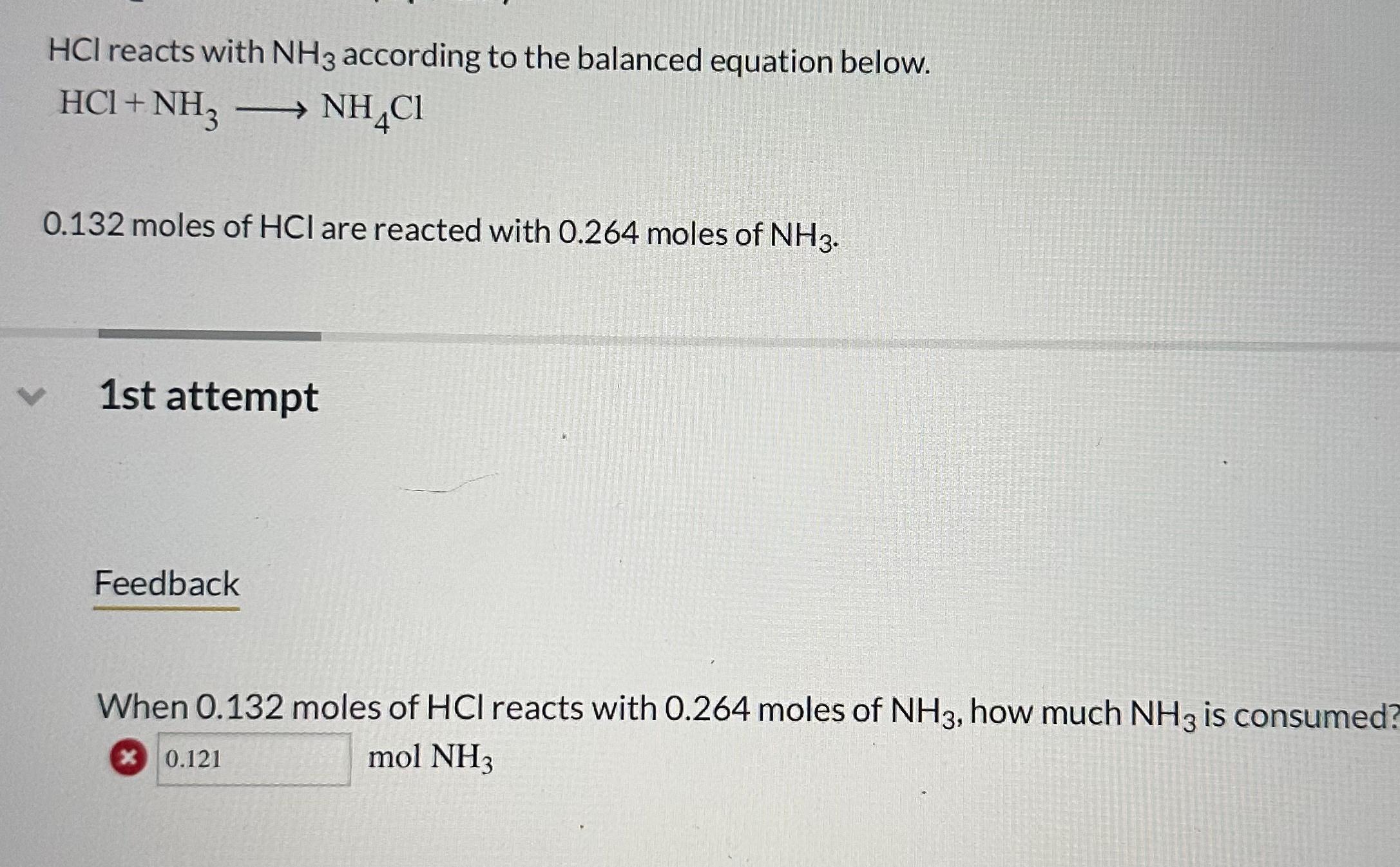 Solved HCl ﻿reacts with NH3 ﻿according to the balanced | Chegg.com