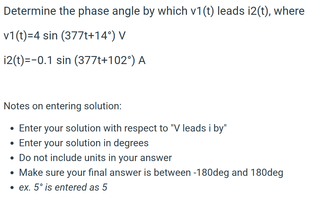 Solved Determine the phase angle by ﻿which v1(t) ﻿leads | Chegg.com