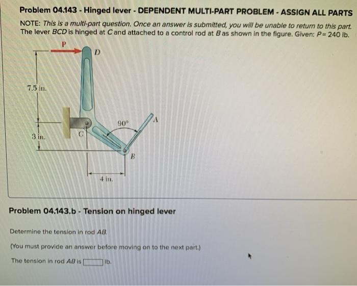Solved Problem 04.143 - Hinged lever - DEPENDENT MULTI-PART | Chegg.com