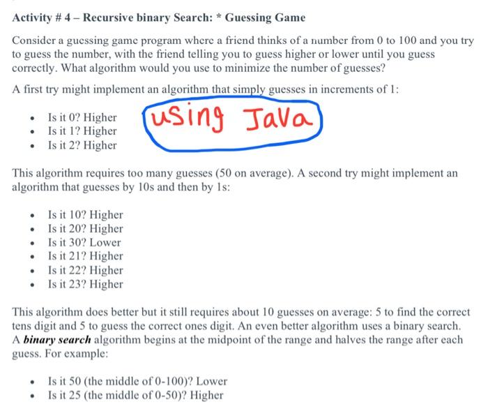 Solved Activity #4 - Recursive binary Search: * Guessing | Chegg.com