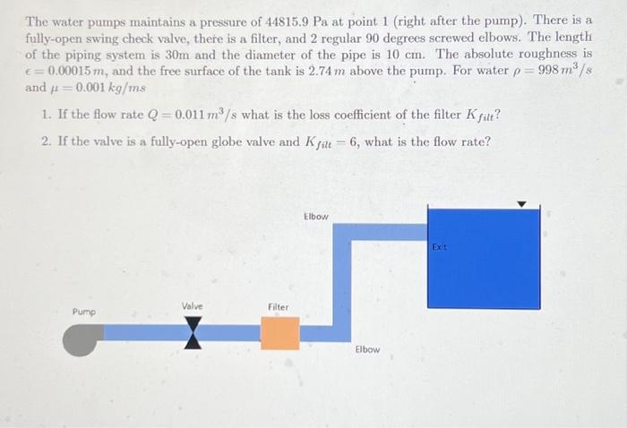 Solved The Water Pumps Maintains A Pressure Of 44815.9 Pa At | Chegg.com