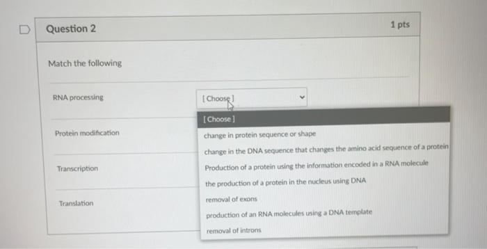 Solved D Question 2 1 pts Match the following RNA processing | Chegg.com