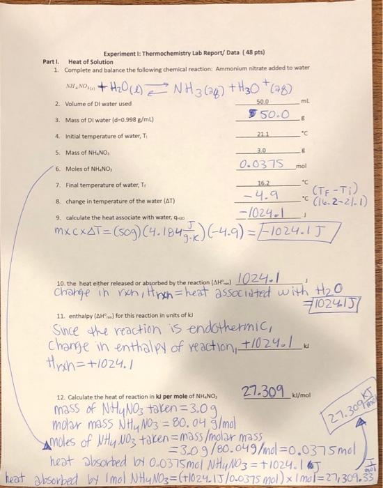 Solved Part 1. Experiment I Thermochemistry Lab Report/Data