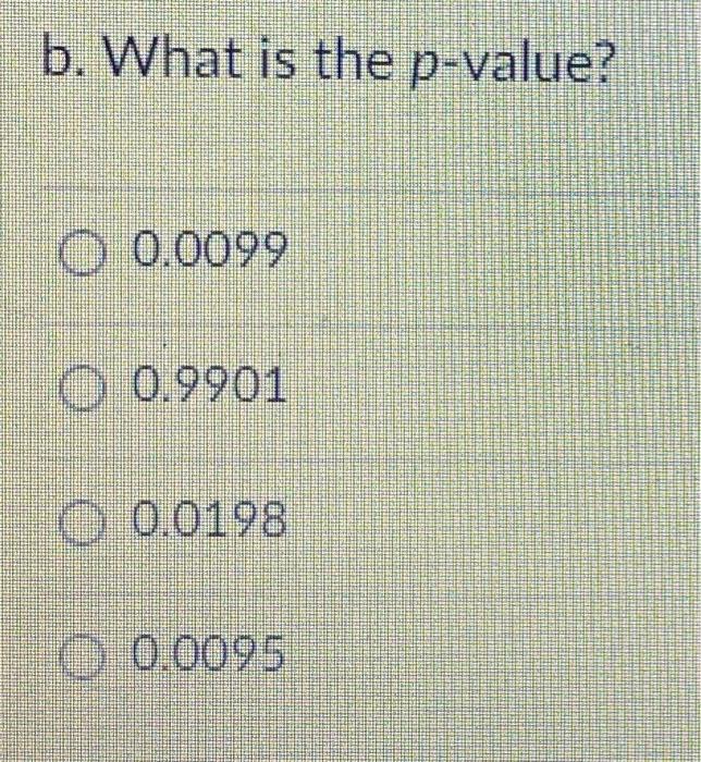 Solved b. What is the p-value? 0 0.0099 O 0.9901 0 0.0198 0 | Chegg.com