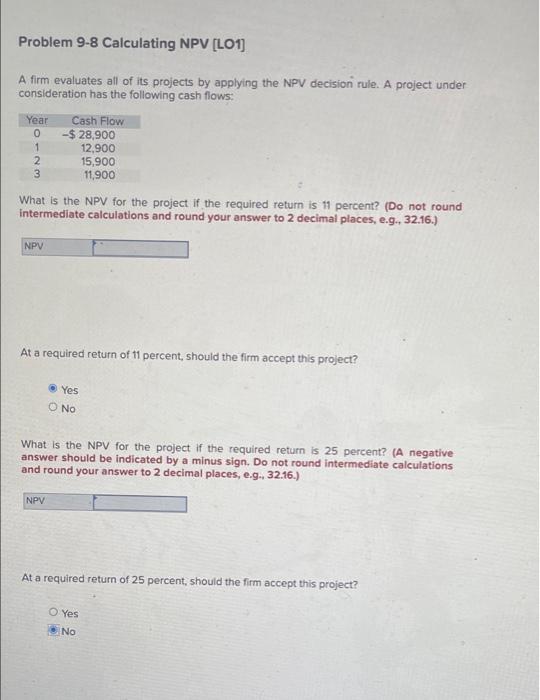 Solved Problem 9-8 Calculating NPV [LO1) A firm evaluates | Chegg.com