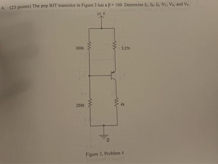 Solved 4. (25 points) The pnp BJT transistor in Figure 3 has | Chegg.com