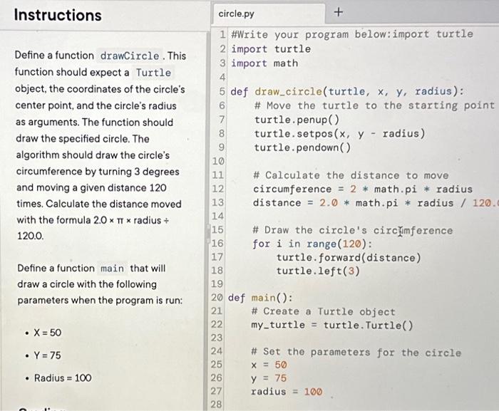 Solved Define a function drawCircle. This function should | Chegg.com