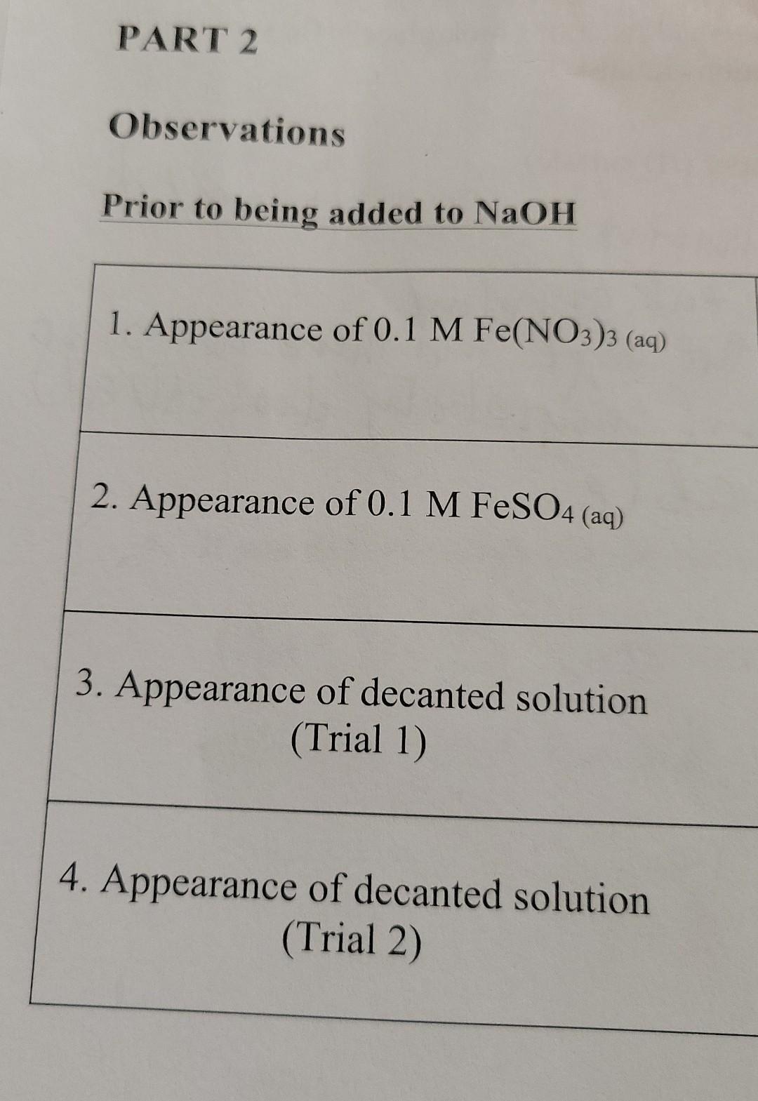 PART 2 Observations Prior to being added to NaOH 1. | Chegg.com