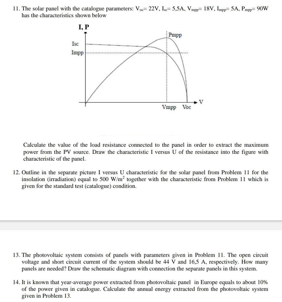Solved 11. The solar panel with the catalogue parameters: | Chegg.com