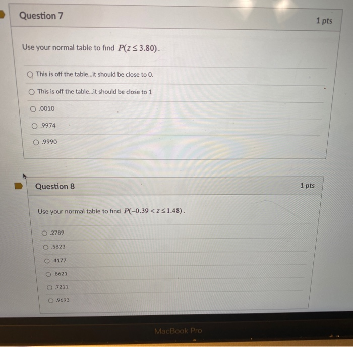 Solved Question 7 1 pts Use your normal table to find P(Z | Chegg.com
