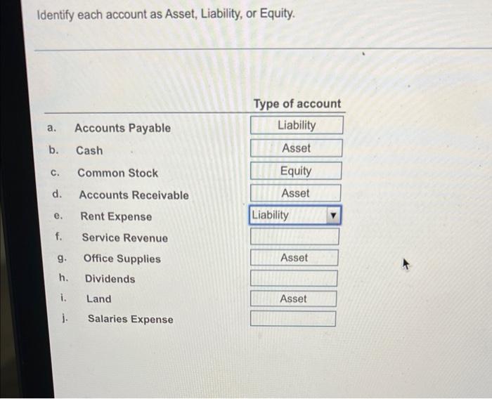 identify each account as an asset liability or equity