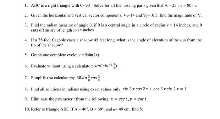 Solved 1. ABC is a right triangle with C-90°. Solve for all | Chegg.com