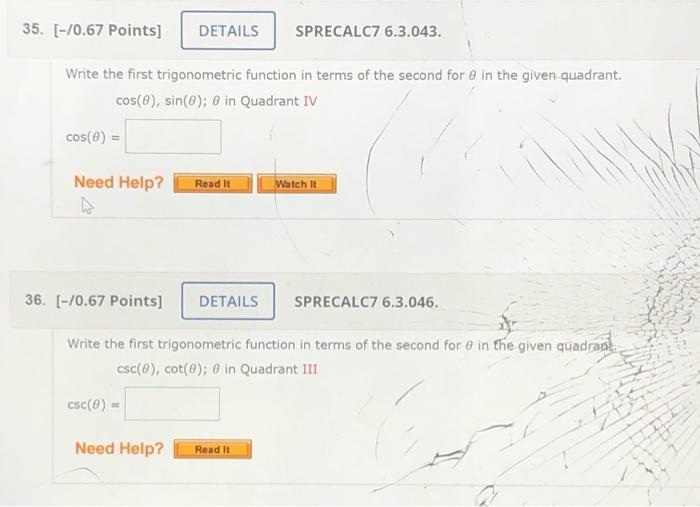 Solved Write the first trigonometric function in terms of | Chegg.com