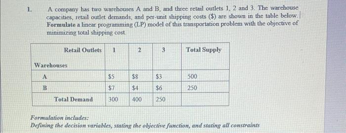 Solved 1. A company has two warehouses A and B, and three | Chegg.com