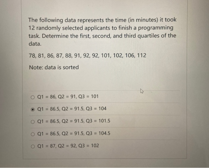 Solved The Following Data Represents The Time (in Minutes) 