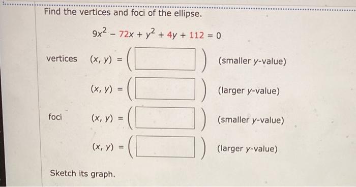 Solved Find the vertices and foci of the ellipse. 9x2 - 72x | Chegg.com