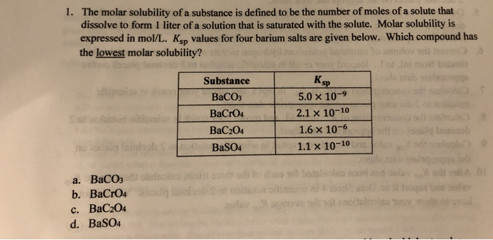 Solved 1. The molar solubility of a substance is defined to | Chegg.com