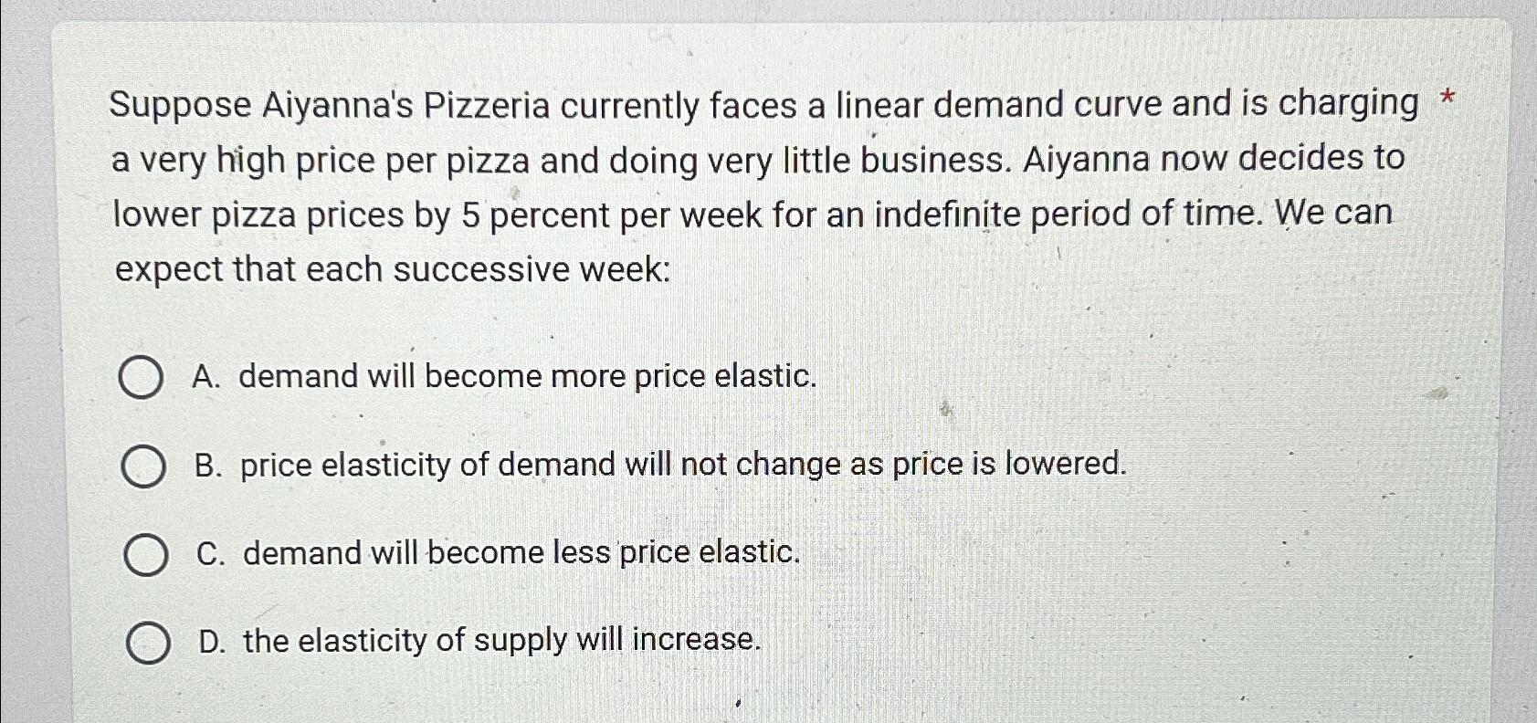 Solved Suppose Aiyanna's Pizzeria currently faces a linear