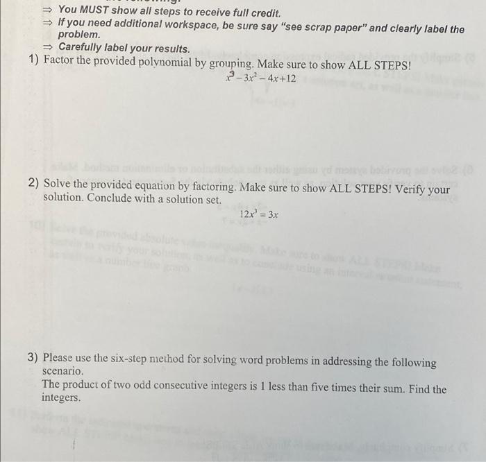 Solved > You MUST show all steps to receive full credit. > | Chegg.com