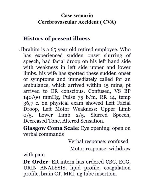 Case scenario Cerebrovascular Accident (CVA) ( History of present illness · Ibrahim is a 65 year old retired employee. Who ha