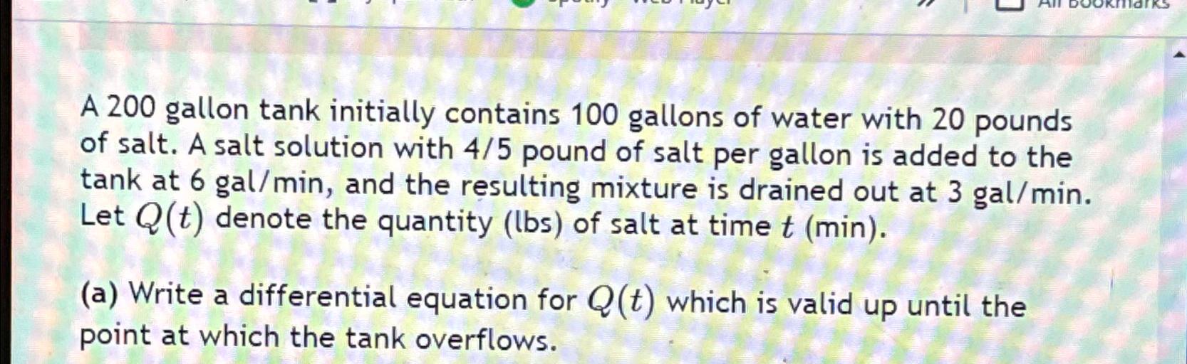 Solved A 200 ﻿gallon Tank Initially Contains 100 ﻿gallons Of | Chegg.com