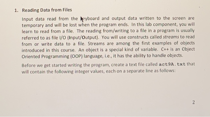 Solved 1. Reading Data from Files Input data read from the | Chegg.com image.