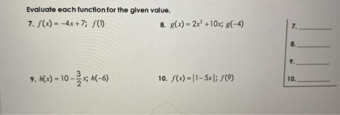 Solved Evaluate each function for the given value. 7. f(x) = | Chegg.com