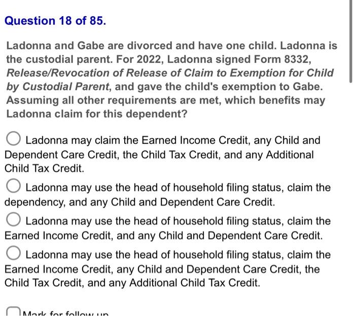 Solved Ladonna and Gabe are divorced and have one child. | Chegg.com