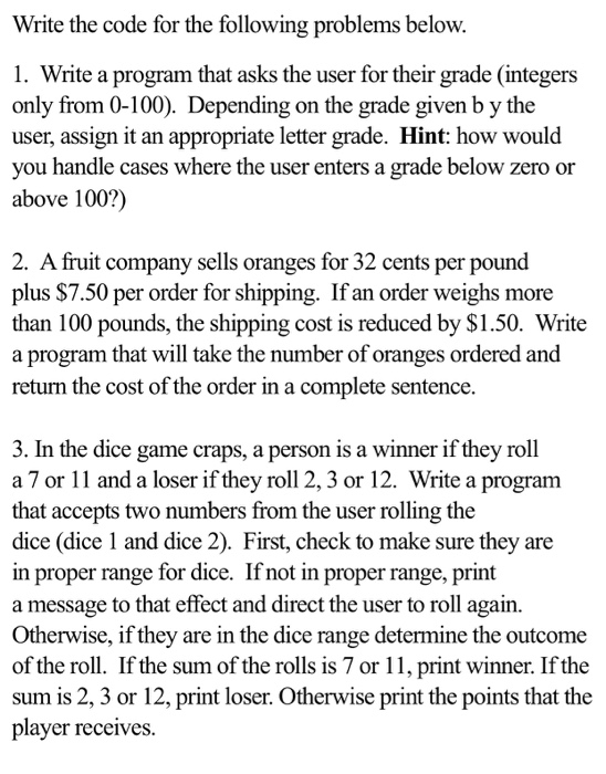 Solved Write the code for the following problems below. 1. | Chegg.com