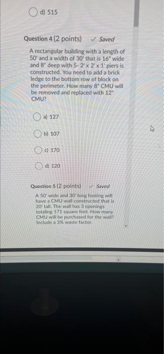 Solved d) 515 Question 4 (2 points) Saved A rectangular | Chegg.com